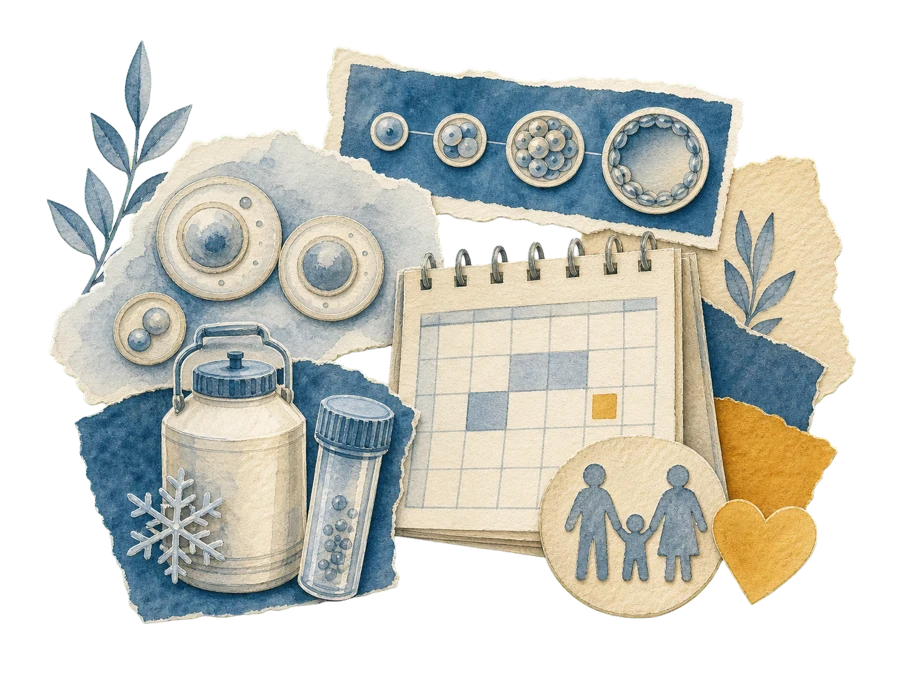Watercolor collage of oocytes, embryo development, cryostorage, and a family planning calendar