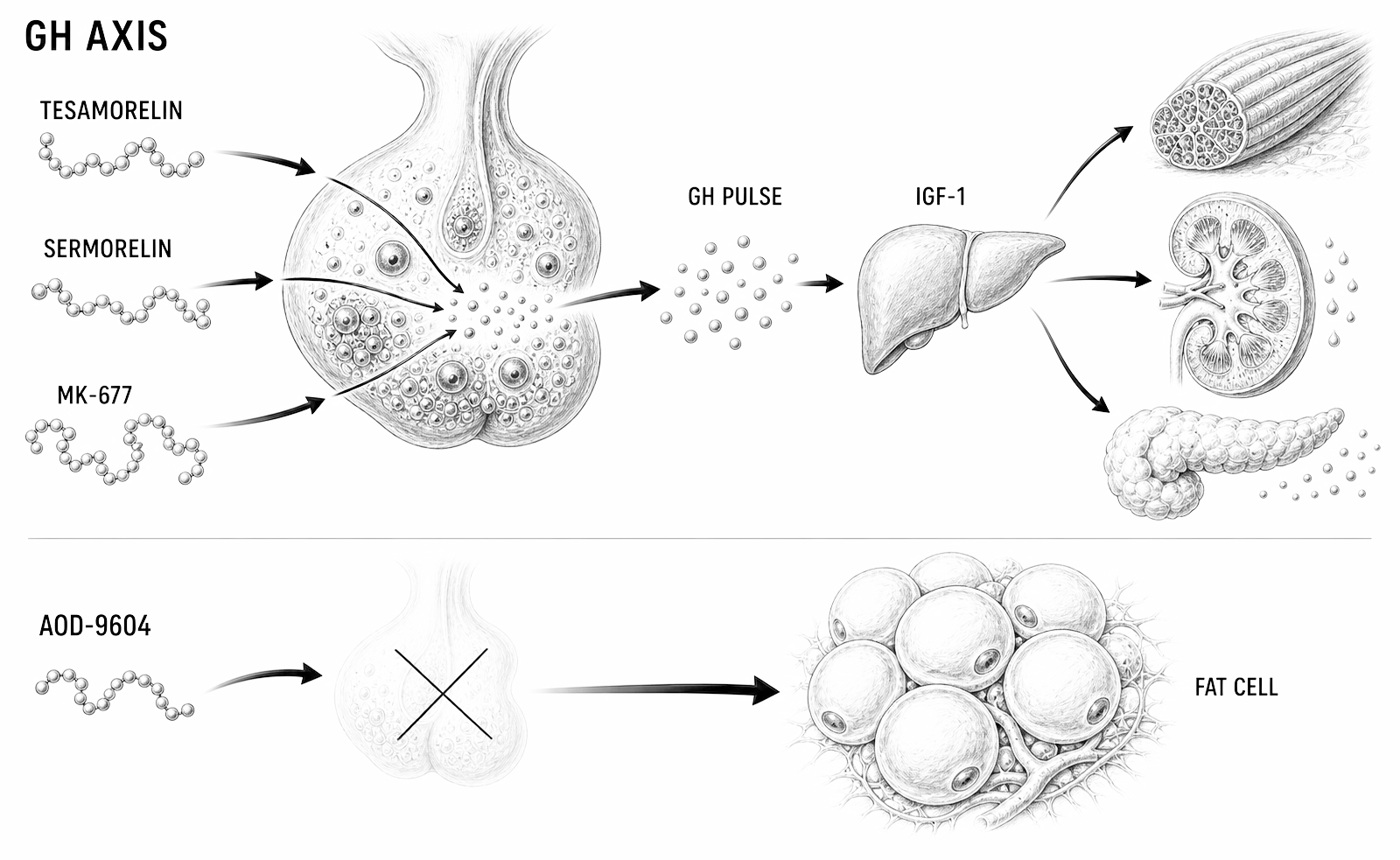 Biological line-art explainer showing tesamorelin, sermorelin, and MK-677 pushing the growth hormone axis while AOD-9604 sits outside that axis.