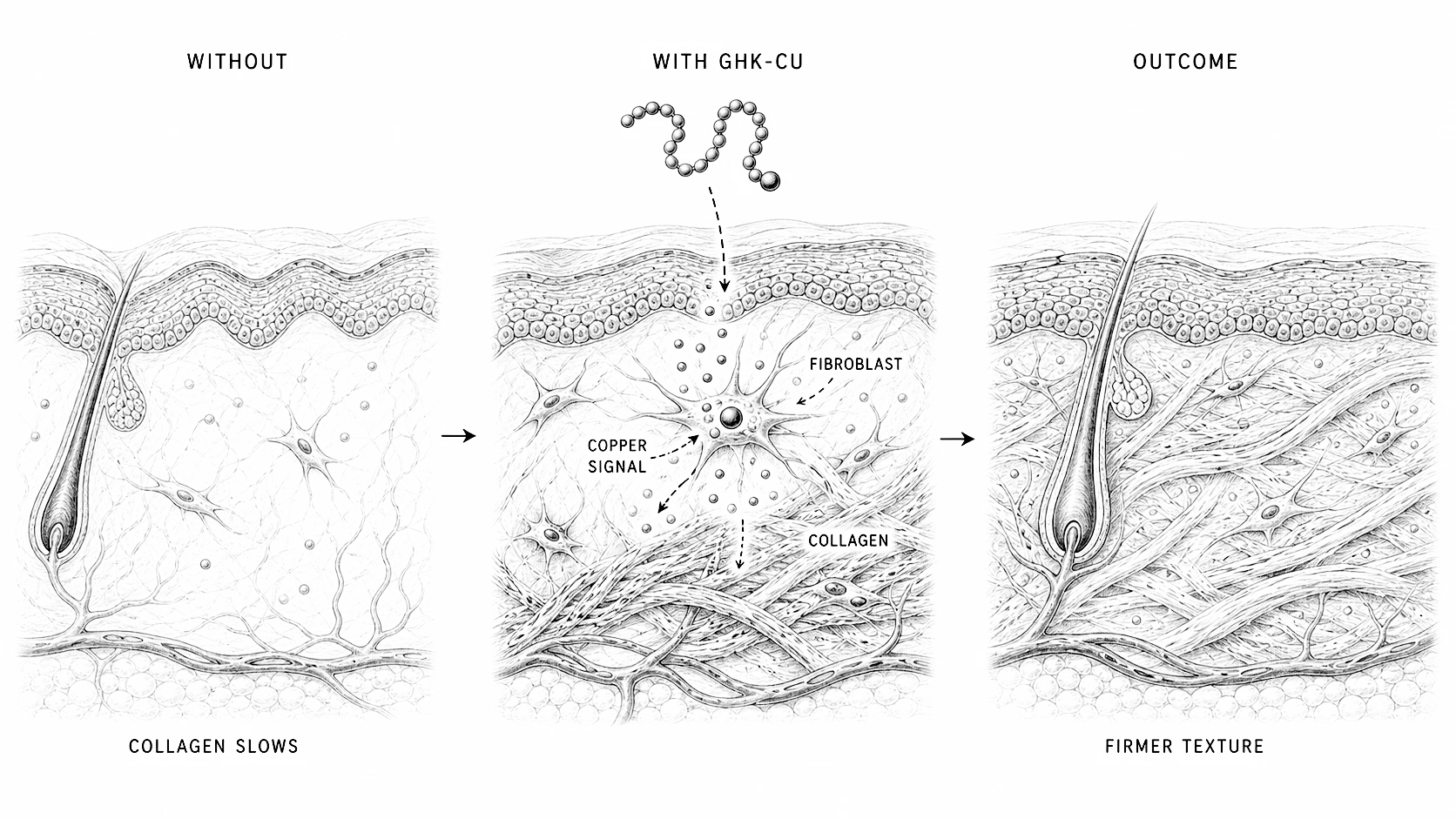 Biological line-art explainer showing topical GHK-Cu carrying copper into aging skin and nudging fibroblast collagen repair.