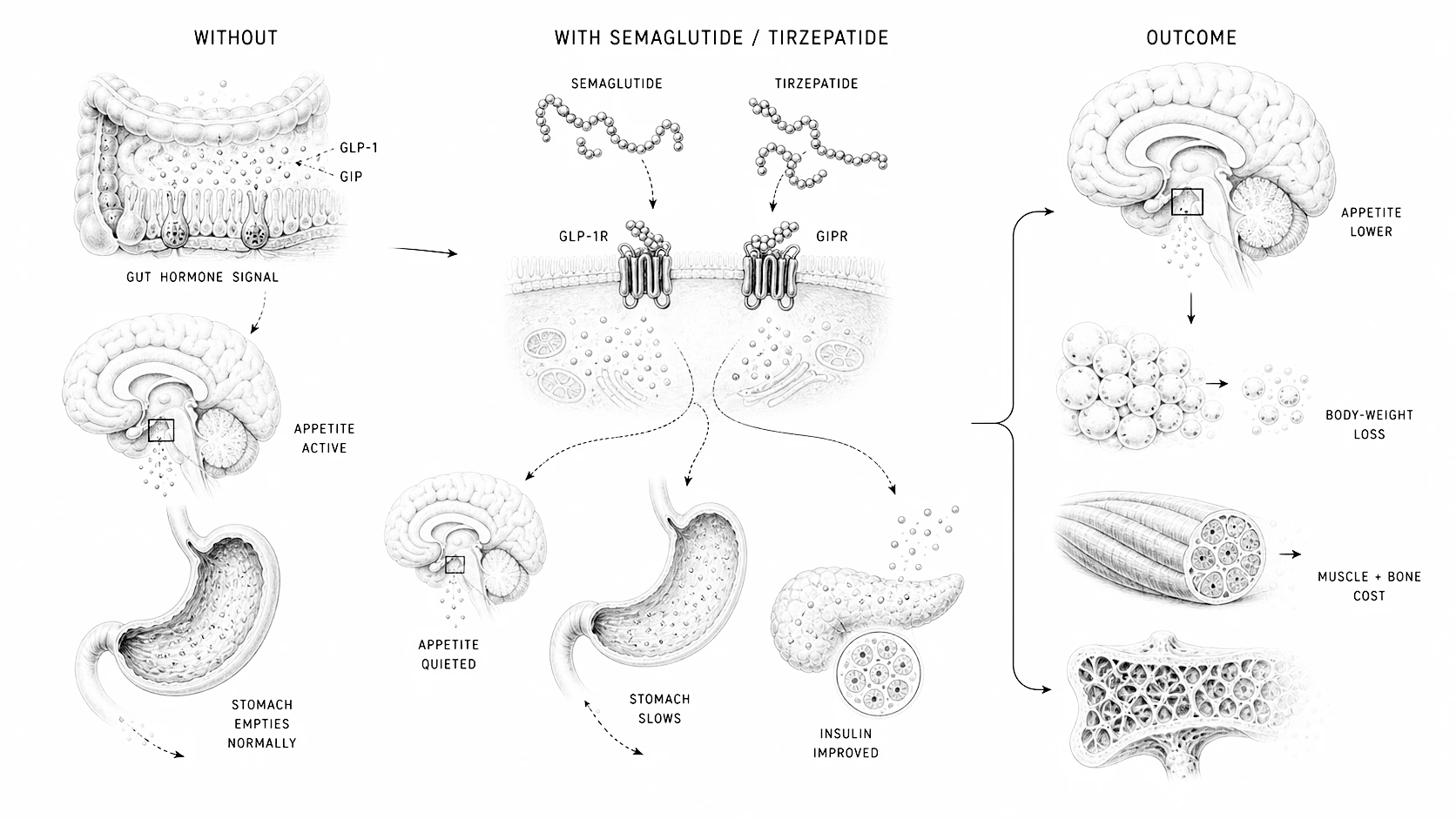 Biological line-art explainer showing semaglutide and tirzepatide lowering appetite, slowing stomach emptying, improving insulin, and costing muscle and bone during weight loss.