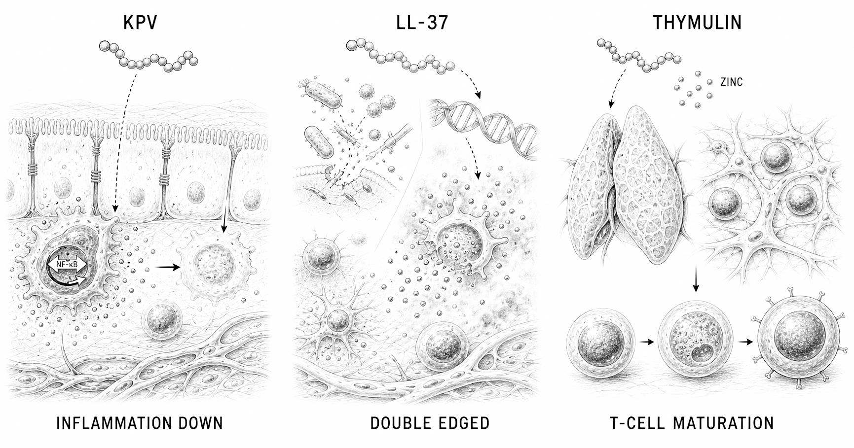 Biological line-art explainer showing KPV calming inflammation, LL-37 driving antimicrobial inflammation, and thymulin modulating T-cell maturation.