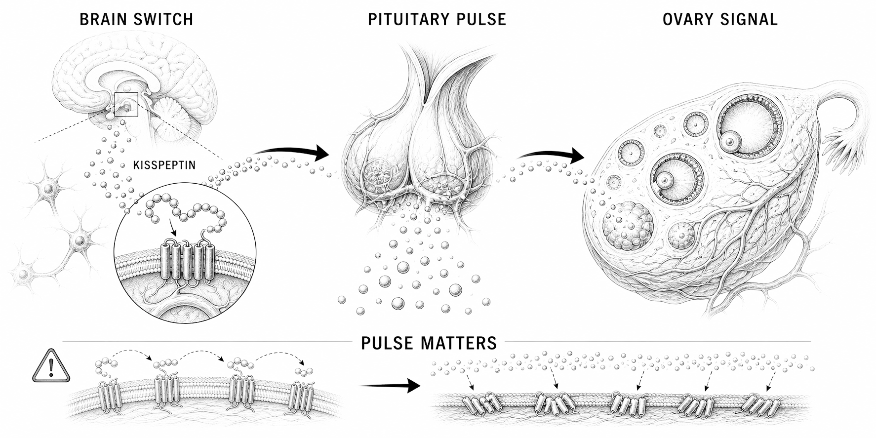 Biological line-art explainer showing kisspeptin pulsing the reproductive axis from brain to pituitary to ovary.