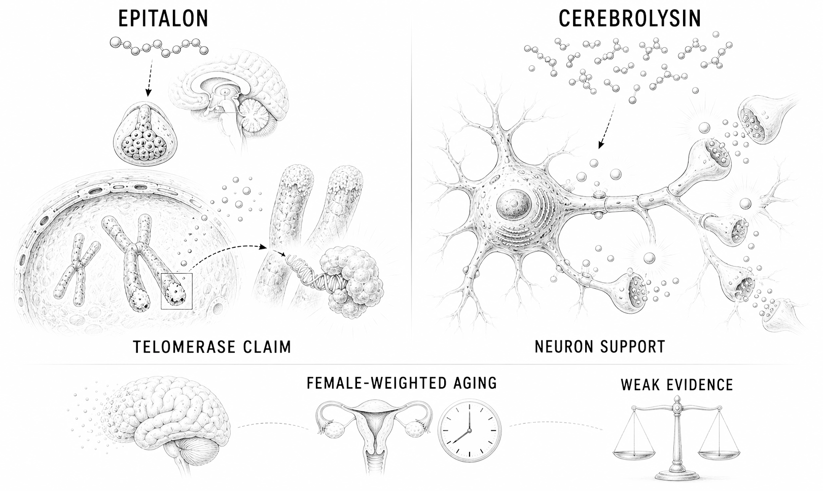 Biological line-art explainer showing epitalon telomerase claims and cerebrolysin BDNF-like brain repair claims.
