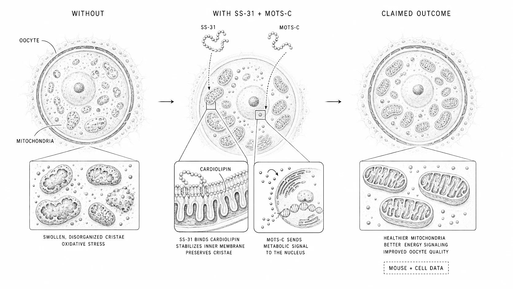 Biological line-art explainer showing SS-31 and MOTS-c aimed at mitochondria inside an aging oocyte.
