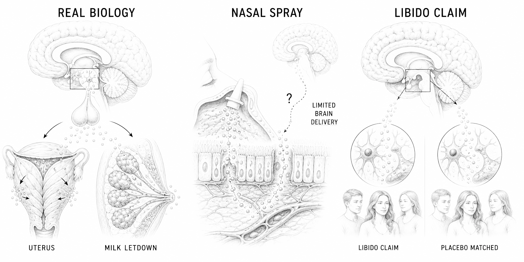 Biological line-art explainer showing oxytocin acting on brain context, uterus, and breast tissue.