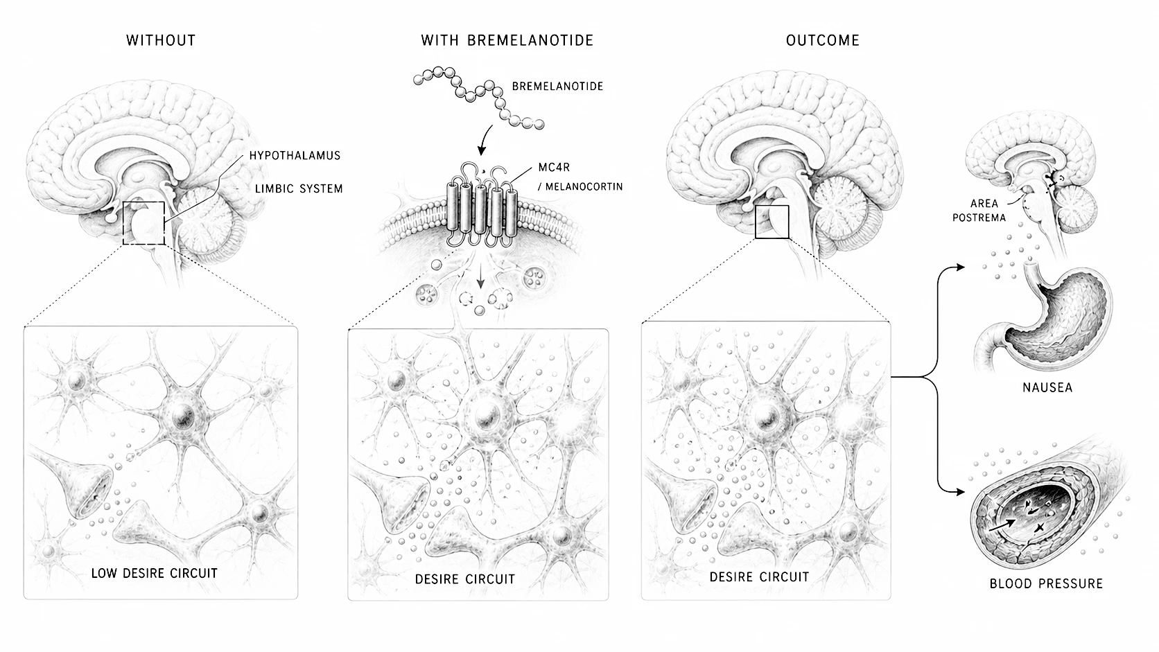 Biological line-art explainer showing bremelanotide acting at melanocortin receptors in brain desire circuits.
