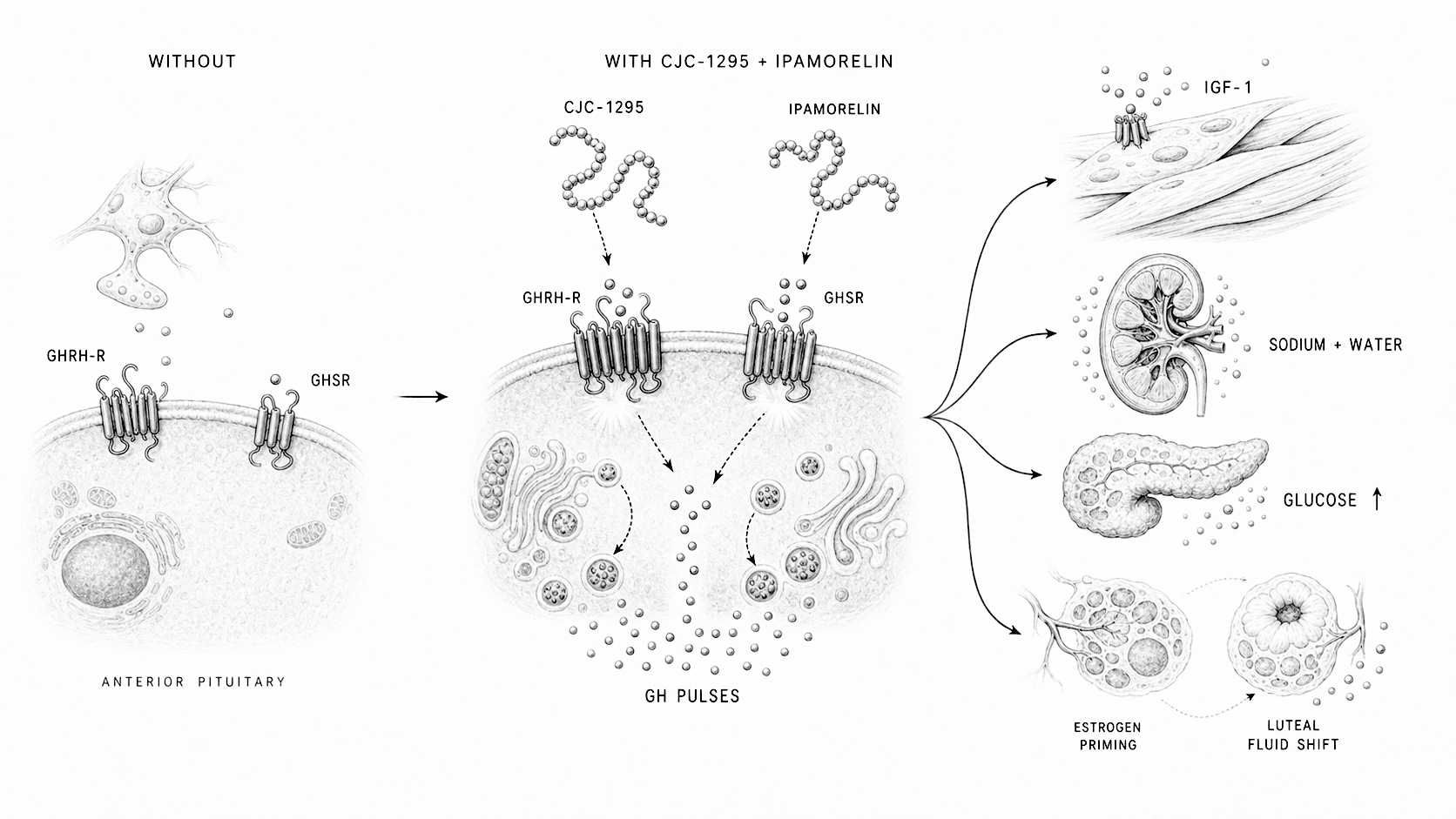 Biological line-art explainer showing CJC-1295 and ipamorelin entering through different receptors, converging on the pituitary, and raising growth hormone effects.