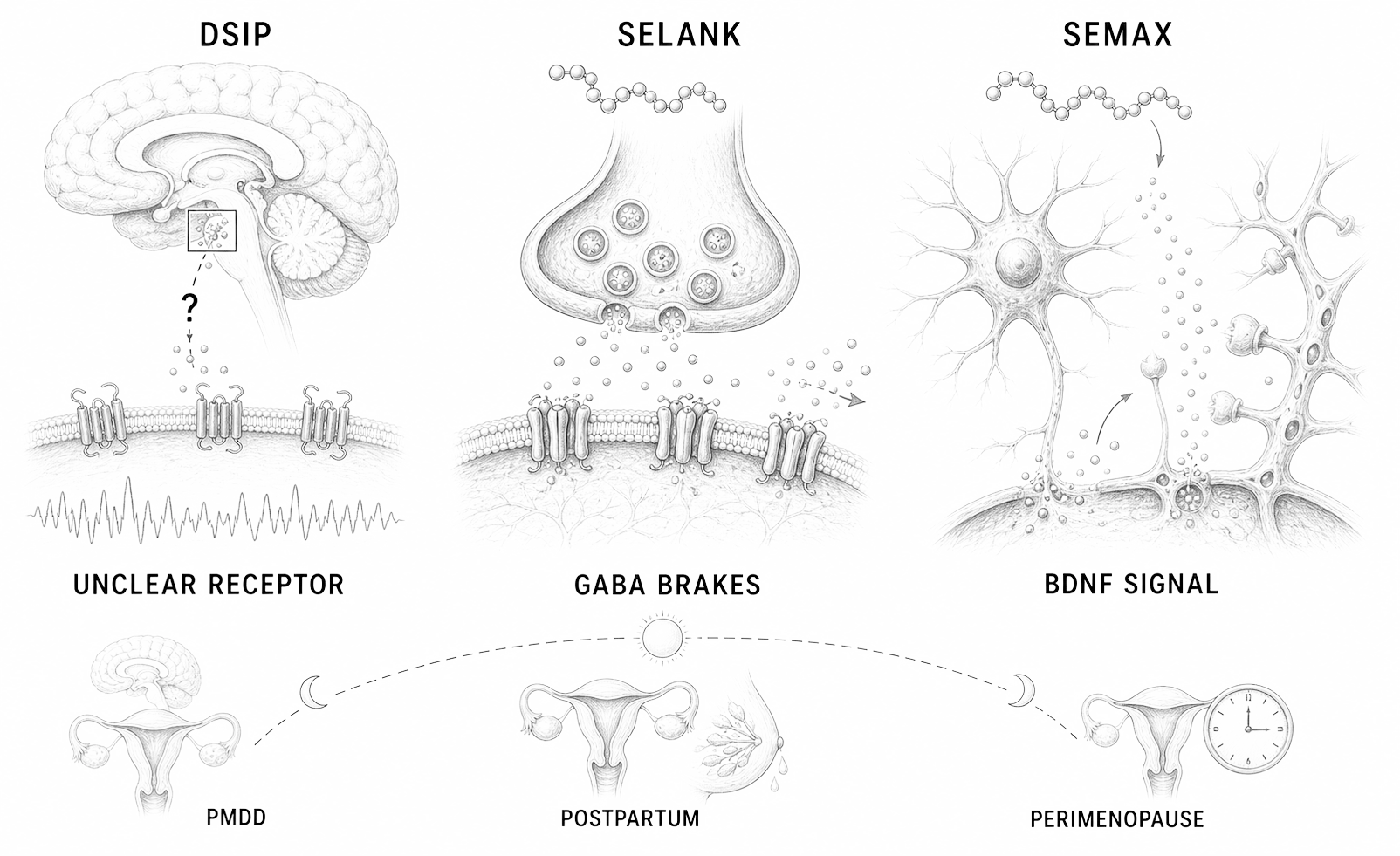 Biological line-art explainer showing DSIP, selank, and semax mapped onto sleep, GABA calming, BDNF, and hormone-shift windows.