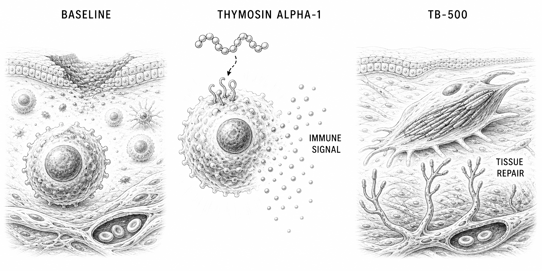 Biological line-art explainer contrasting thymosin alpha-1 acting on T-cell immune signaling with TB-500 acting on tissue repair.
